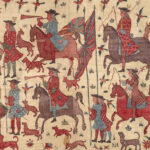 A textile hanging depicting two rows of Indian and possibly European soldiers on foot and horseback.