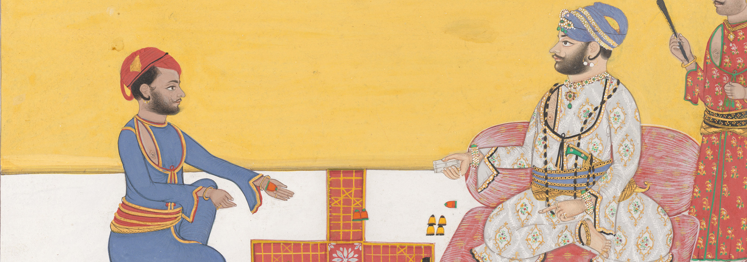 A painting of Maharaja Sovan Singh, seated on the right, playing a board game with another individual.