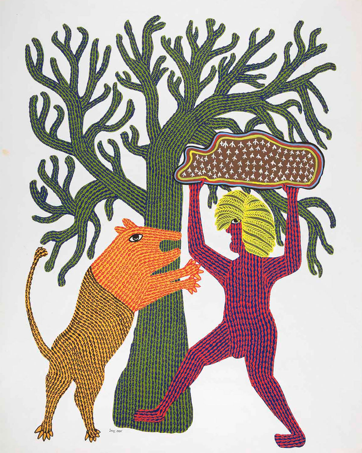 A Gond painting of a purple-bodied figure holding an object aloft and facing an animal, with a tree in the background.