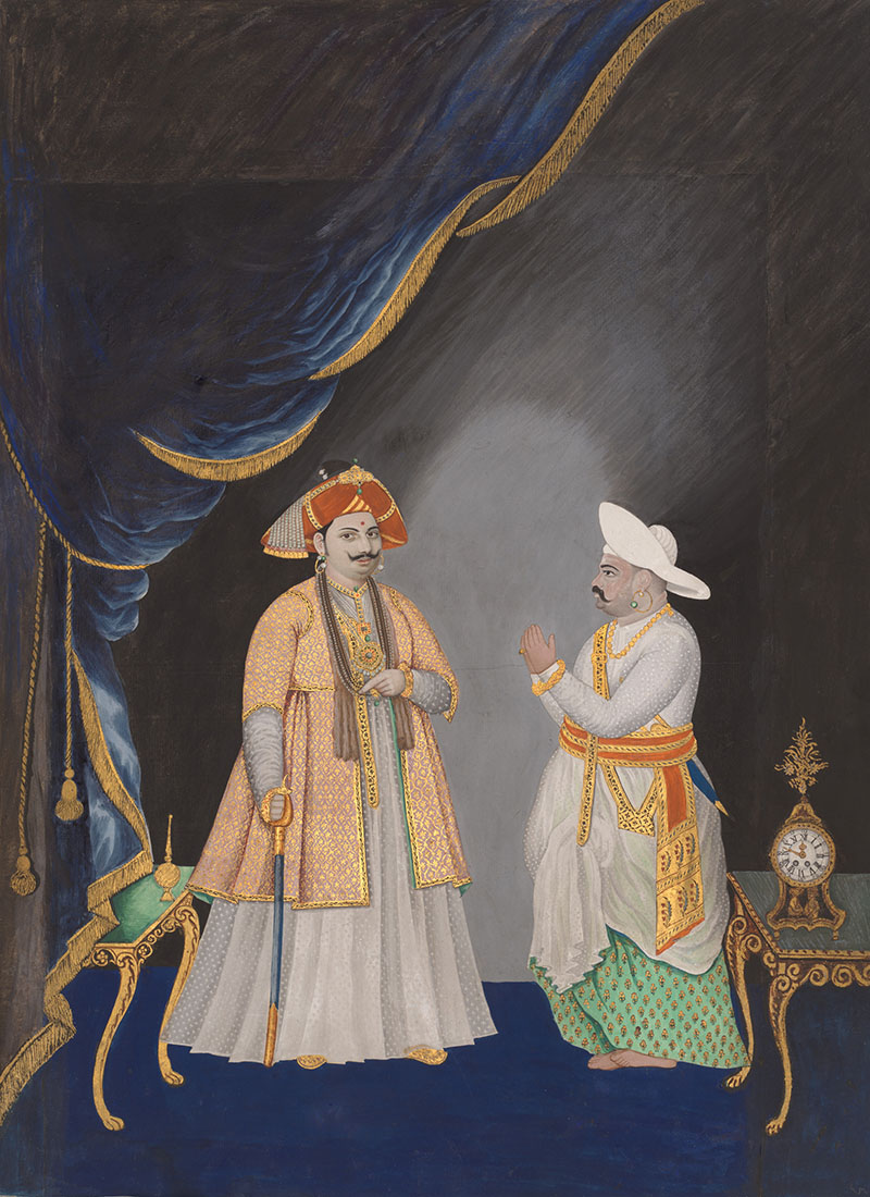 A painting depicting a portrait of Serfoji II in the left profile, accompanied by a minister with folded hands.