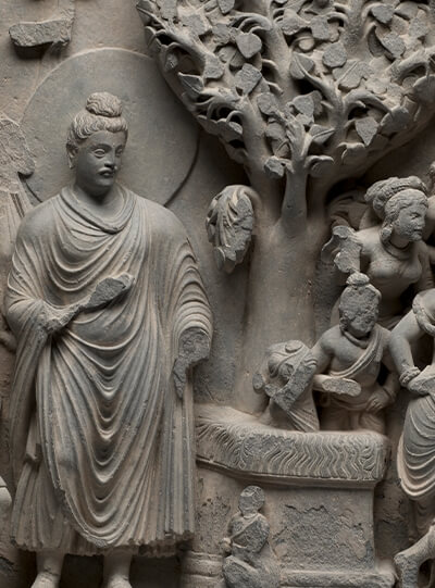 Siddhartha at the Bodhi Tree, c. 2nd Century, Gandhara (present-day Pakistan), Schist, 73.7 x 57.2 cm, Cleveland Museum of Art.